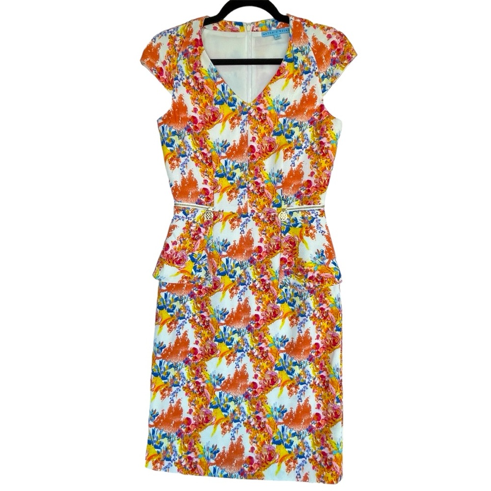 ANTONIO MELANI White Floral Midi Dress with Orange, Blue and Pink Accents